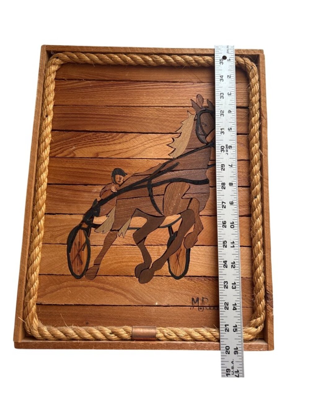 Horse Racing Wooden Inlay Wall Art Rope Frame Signed M.Russell Rustic Decor - Picture 4 of 8